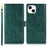 For iPhone 15 Case with Hand Strap Flower Imprint Leather Wallet Phone Cover - Green - 1