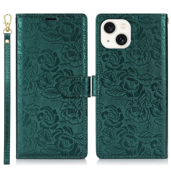 For iPhone 15 Case with Hand Strap Flower Imprint Leather Wallet Phone Cover - Green - 1