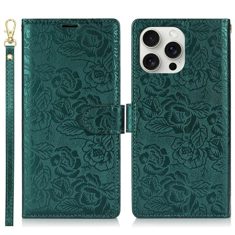 For iPhone 14 Pro Case with Hand Strap Flower Imprint Leather Wallet Phone Cover - Green - 1