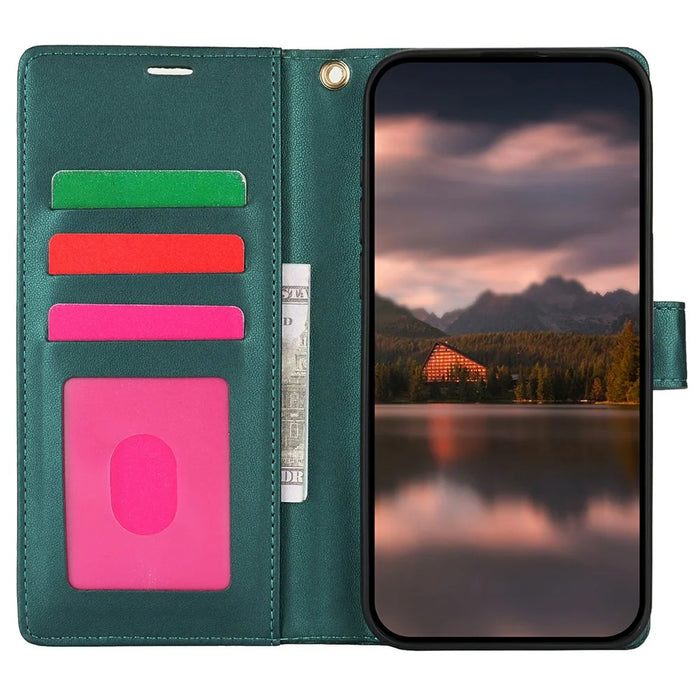 For iPhone 14 Pro Case with Hand Strap Flower Imprint Leather Wallet Phone Cover - Green - 2
