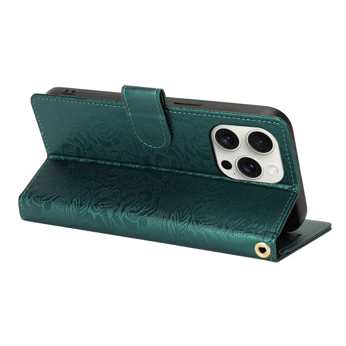 For iPhone 14 Pro Case with Hand Strap Flower Imprint Leather Wallet Phone Cover - Green - 3