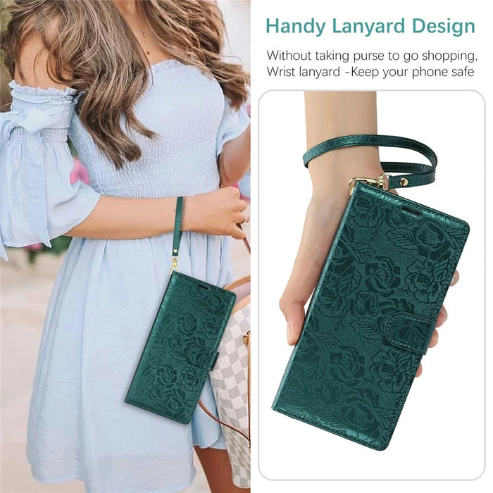 For iPhone 14 Pro Case with Hand Strap Flower Imprint Leather Wallet Phone Cover - Green - 6