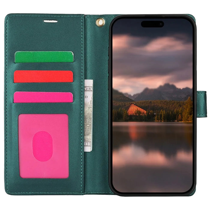 For iPhone 14 / 13 Case with Hand Strap Flower Imprint Leather Wallet Phone Cover - Green - 2