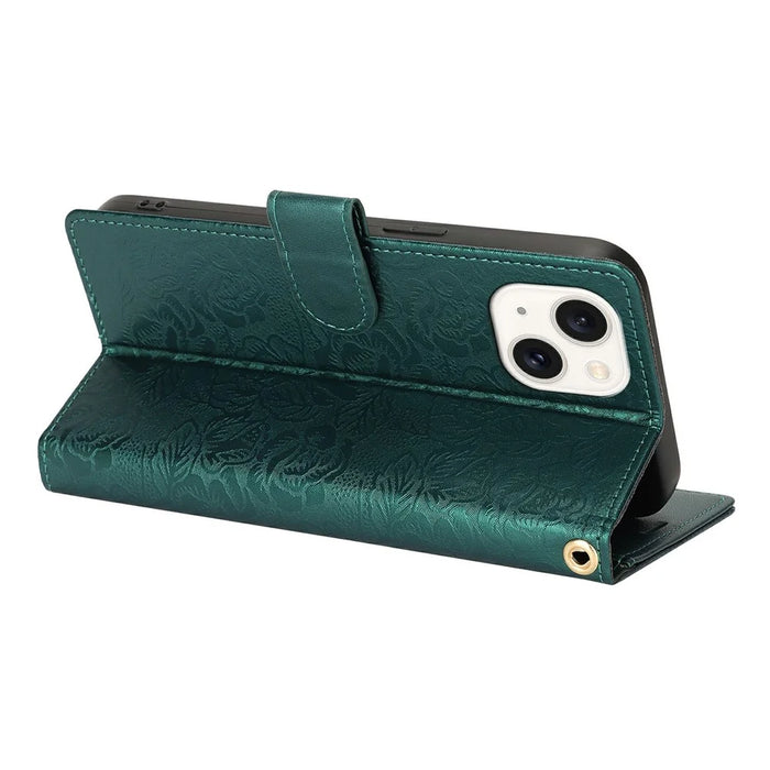 For iPhone 14 / 13 Case with Hand Strap Flower Imprint Leather Wallet Phone Cover - Green - 3