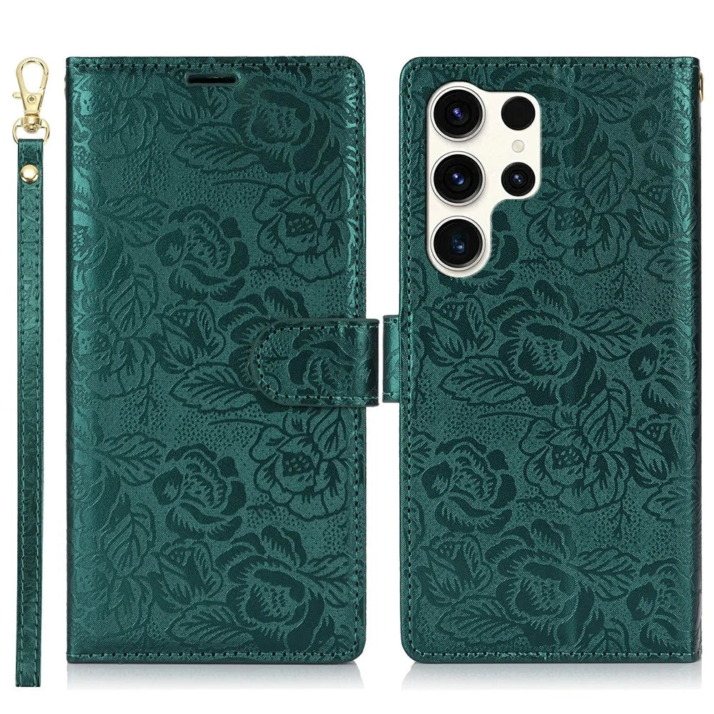 For Samsung Galaxy S25 Ultra Case with Hand Strap Flower Imprint Leather Wallet Phone Cover - Green - 1