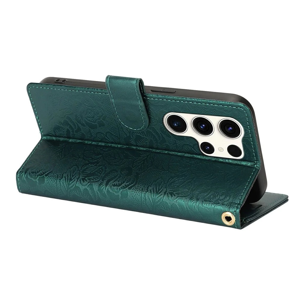For Samsung Galaxy S25 Ultra Case with Hand Strap Flower Imprint Leather Wallet Phone Cover - Green - 3