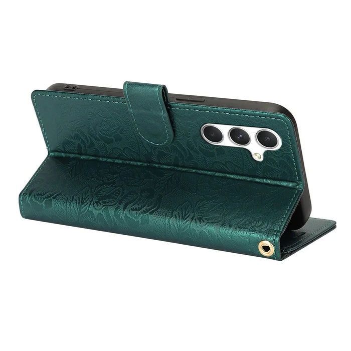 For Samsung Galaxy S25 Case with Hand Strap Flower Imprint Leather Wallet Phone Cover - Green - 3