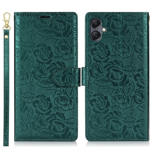 For Samsung Galaxy A05 4G Case with Hand Strap Flower Imprint Leather Wallet Phone Cover - Green - 1