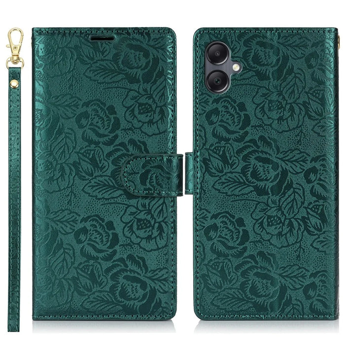 For Samsung Galaxy A05 4G Case with Hand Strap Flower Imprint Leather Wallet Phone Cover - Green - 1