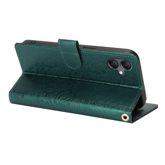 For Samsung Galaxy A05 4G Case with Hand Strap Flower Imprint Leather Wallet Phone Cover - Green - 3