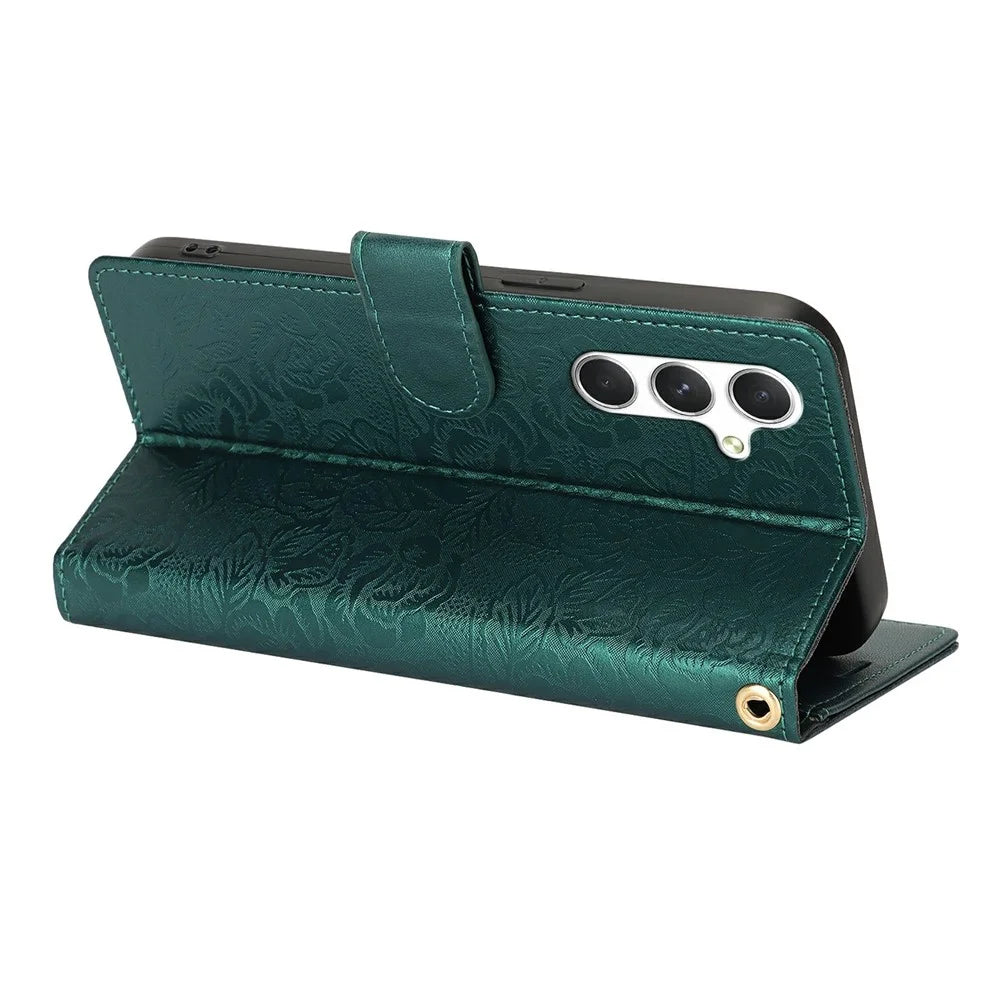 For Samsung Galaxy A36 5G Case with Hand Strap Flower Imprint Leather Wallet Phone Cover - Green - 3