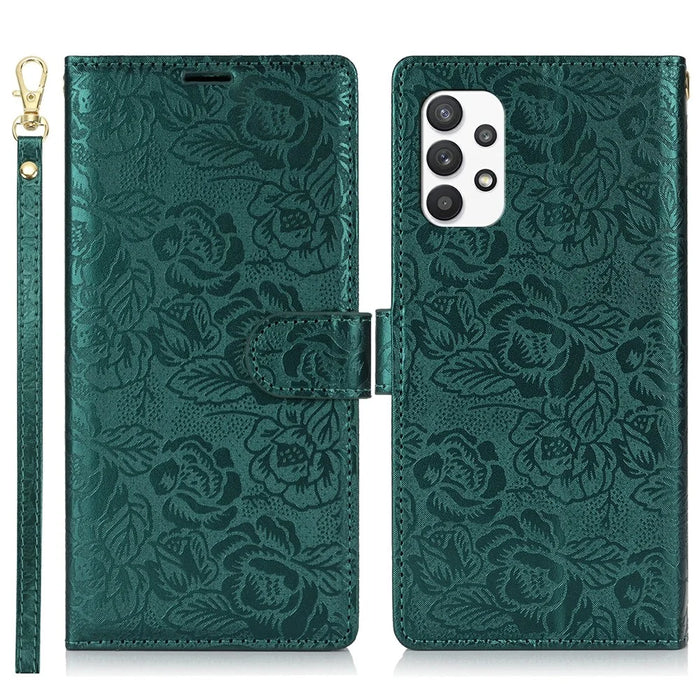 For Samsung Galaxy A13 4G / 5G Case with Hand Strap Flower Imprint Leather Wallet Phone Cover - Green - 1
