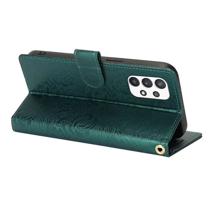 For Samsung Galaxy A13 4G / 5G Case with Hand Strap Flower Imprint Leather Wallet Phone Cover - Green - 3