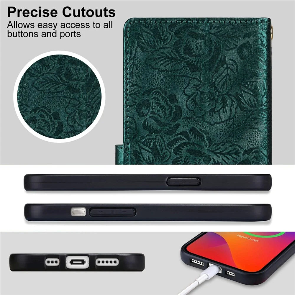 For Samsung Galaxy S24 FE Case with Hand Strap Flower Imprint Leather Wallet Phone Cover - Green - 7