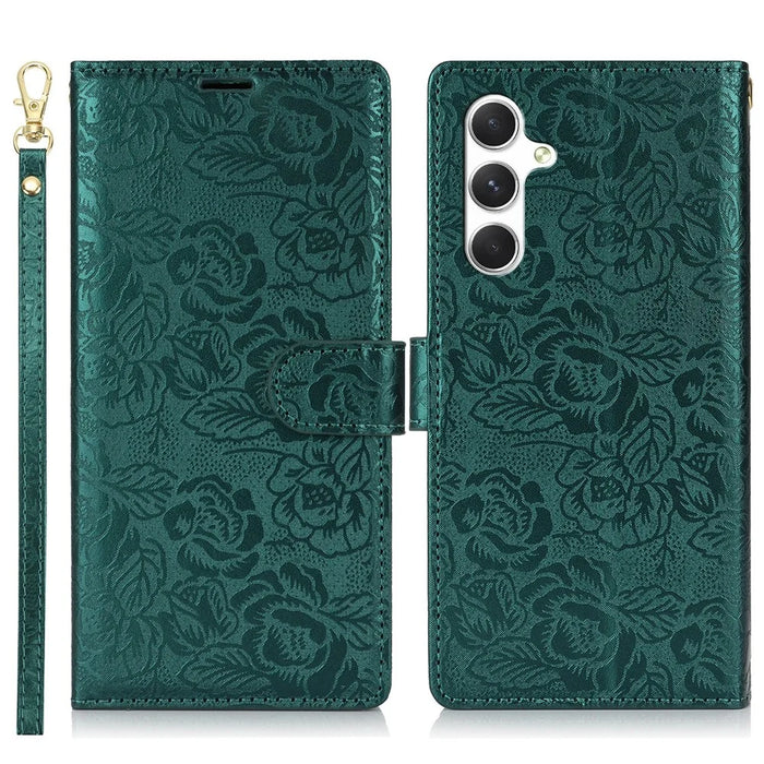 For Samsung Galaxy S23 FE Case with Hand Strap Flower Imprint Leather Wallet Phone Cover - Green - 1
