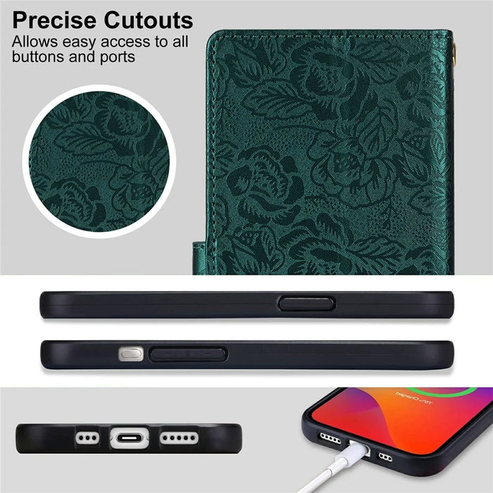 For Samsung Galaxy S23 FE Case with Hand Strap Flower Imprint Leather Wallet Phone Cover - Green - 7