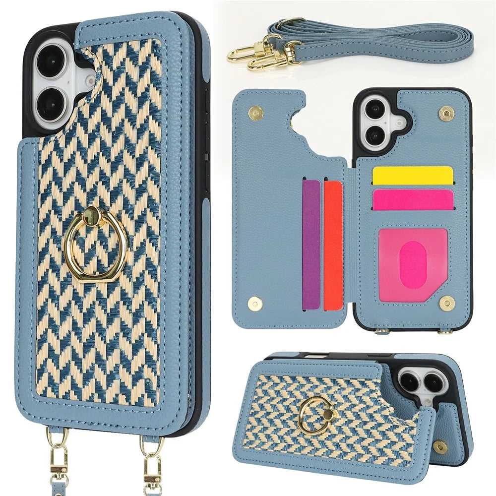 For iPhone 16 Case with Card Holder, Strap, Kickstand PU+TPU Phone Back Cover Support RFID Blocking - Blue - 1