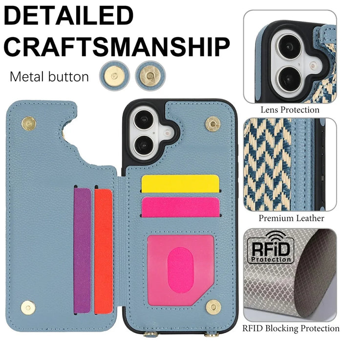 For iPhone 16 Case with Card Holder, Strap, Kickstand PU+TPU Phone Back Cover Support RFID Blocking - Blue - 5