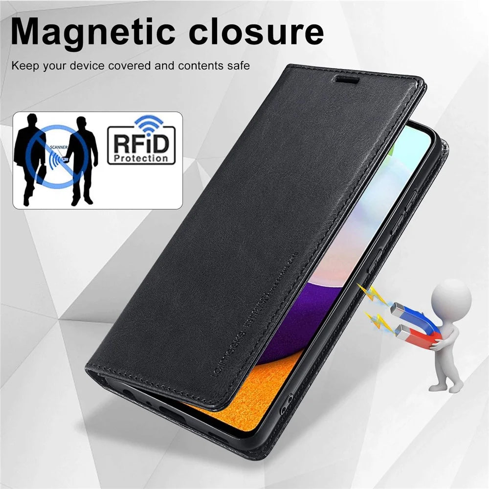 LC.IMEEKE for Samsung Galaxy A52 4G / 5G / A52s 5G Shockproof RFID Blocking Phone Case Phone Flip Wallet Cover with Stand - Black - 4