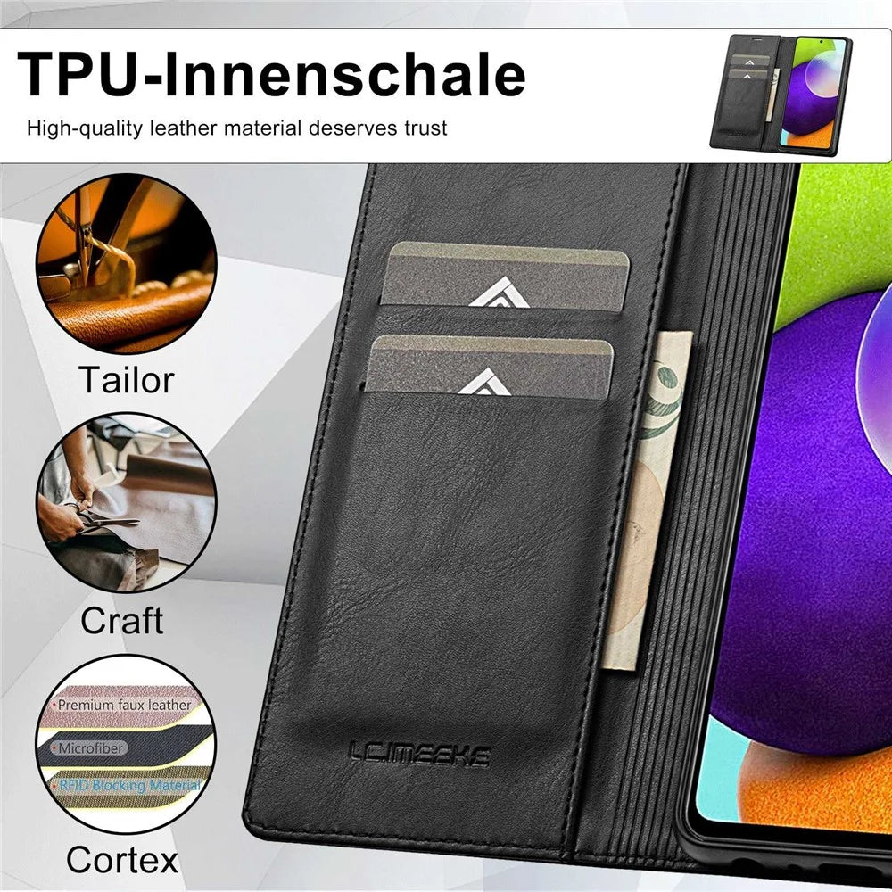 LC.IMEEKE for Samsung Galaxy A52 4G / 5G / A52s 5G Shockproof RFID Blocking Phone Case Phone Flip Wallet Cover with Stand - Black - 7