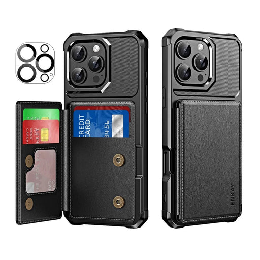 ENKAY For iPhone 15 Pro Max  Hat-Prince Wallet Card Slot Kickstand PU Leather +TPU Back Phone Cover with Camera Lens Film - Black - 1
