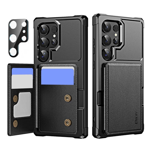 ENKAY For Samsung Galaxy S24 Ultra  Hat-Prince Wallet Card Slot Kickstand PU Leather +TPU Back Phone Cover with Camera Lens Film - Black - 1