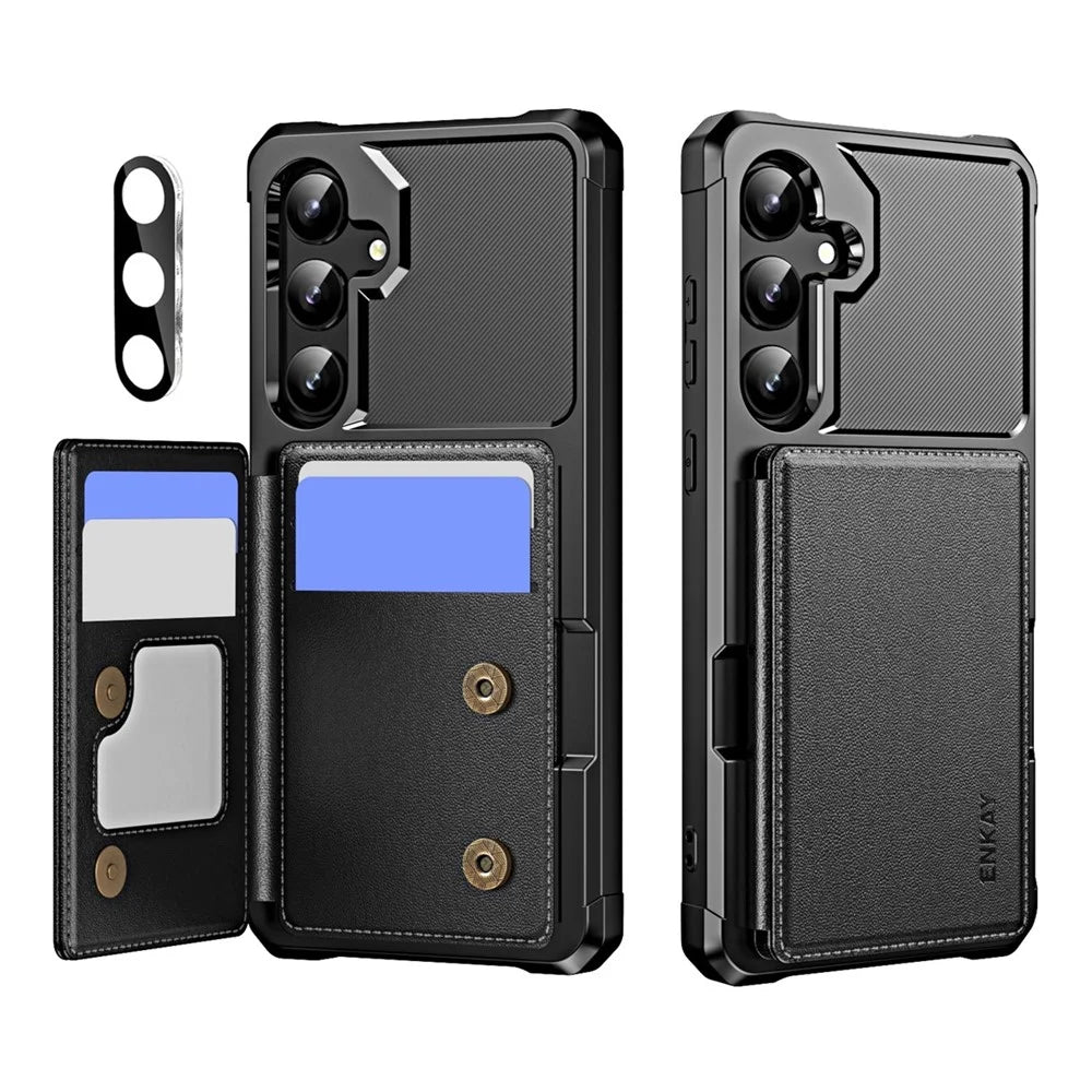 ENKAY For Samsung Galaxy A55 5G  Hat-Prince Wallet Card Slot Kickstand PU Leather +TPU Back Phone Cover with Camera Lens Film - Black - 1
