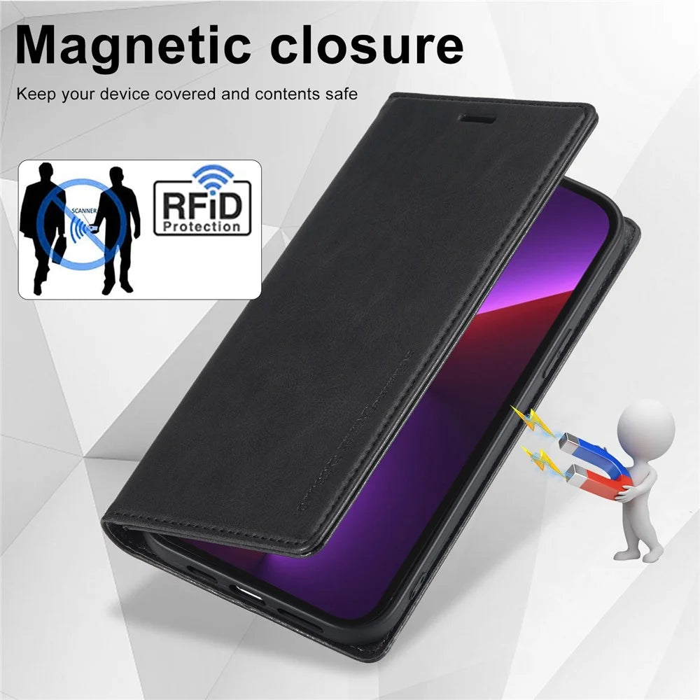 LC.IMEEKE Phone Case for iPhone 13 Pro Max 6.7 inch RFID Blocking Magnetic Closure Cell Phone Cover Flip Wallet Stand Protective Shell - Black - 4
