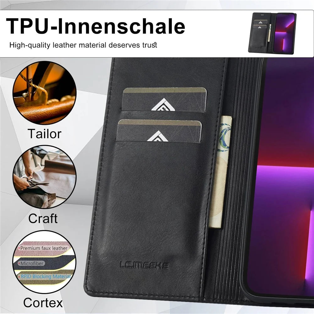 LC.IMEEKE Phone Case for iPhone 13 Pro Max 6.7 inch RFID Blocking Magnetic Closure Cell Phone Cover Flip Wallet Stand Protective Shell - Black - 7