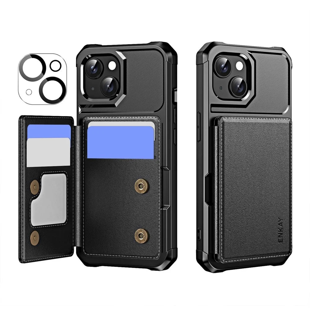 ENKAY For iPhone 14 Plus  Hat-Prince Wallet Card Slot Kickstand PU Leather +TPU Back Phone Cover with Camera Lens Film - Black - 1