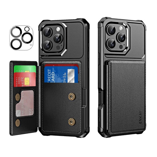 ENKAY For iPhone 16 Pro Max  Hat-Prince Wallet Card Slot Kickstand PU Leather +TPU Back Phone Cover with Camera Lens Film - Black - 1