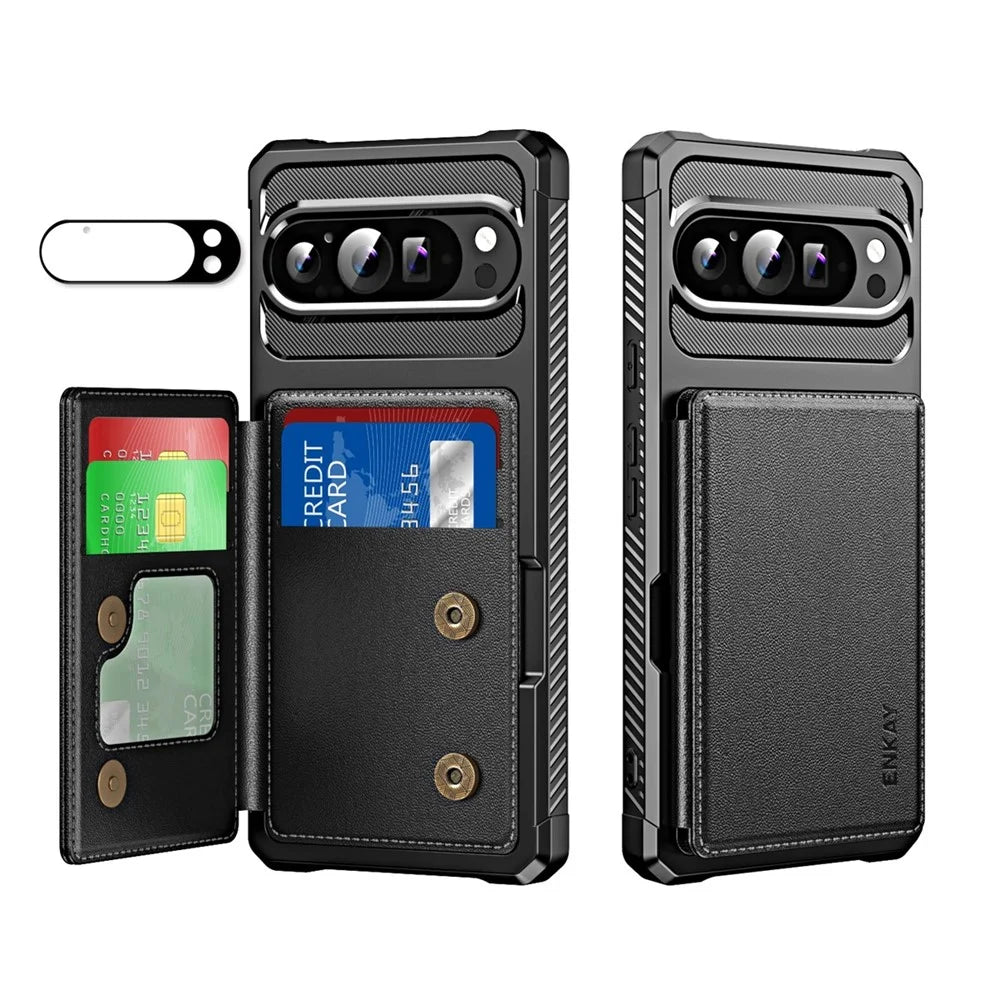 ENKAY For Google Pixel 9 / Google Pixel 9 Pro  Hat-Prince Wallet Card Slot Kickstand PU Leather +TPU Back Phone Cover with Camera Lens Film - Black - 1