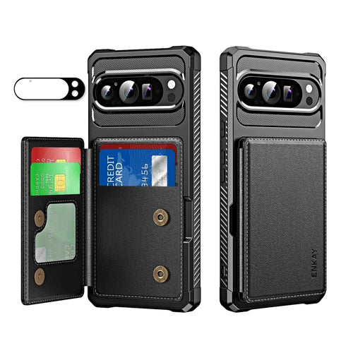ENKAY For Google Pixel 9 / Google Pixel 9 Pro  Hat-Prince Wallet Card Slot Kickstand PU Leather +TPU Back Phone Cover with Camera Lens Film - Black - 1