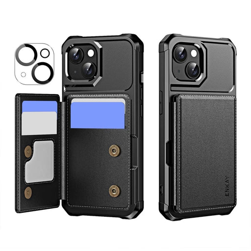 ENKAY For iPhone 15 Plus  Hat-Prince Wallet Card Slot Kickstand PU Leather +TPU Back Phone Cover with Camera Lens Film - Black - 1