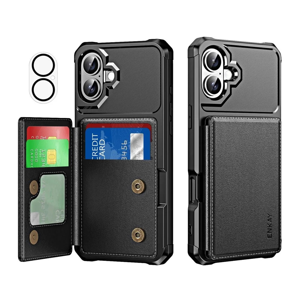 ENKAY For iPhone 16 Plus  Hat-Prince Wallet Card Slot Kickstand PU Leather +TPU Back Phone Cover with Camera Lens Film - Black - 1
