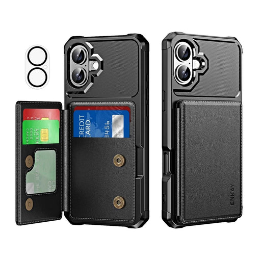 ENKAY For iPhone 16  Hat-Prince Wallet Card Slot Kickstand PU Leather +TPU Back Phone Cover with Camera Lens Film - Black - 1