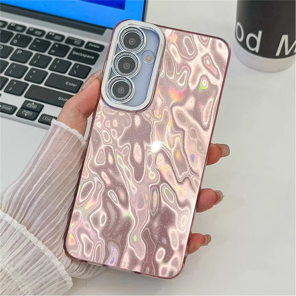 For Samsung Galaxy A16 4G / 5G Case IMD Design Shockproof PC+TPU Phone Cover with Glass Lens Film - Wrinkle Pattern / Pink - 2