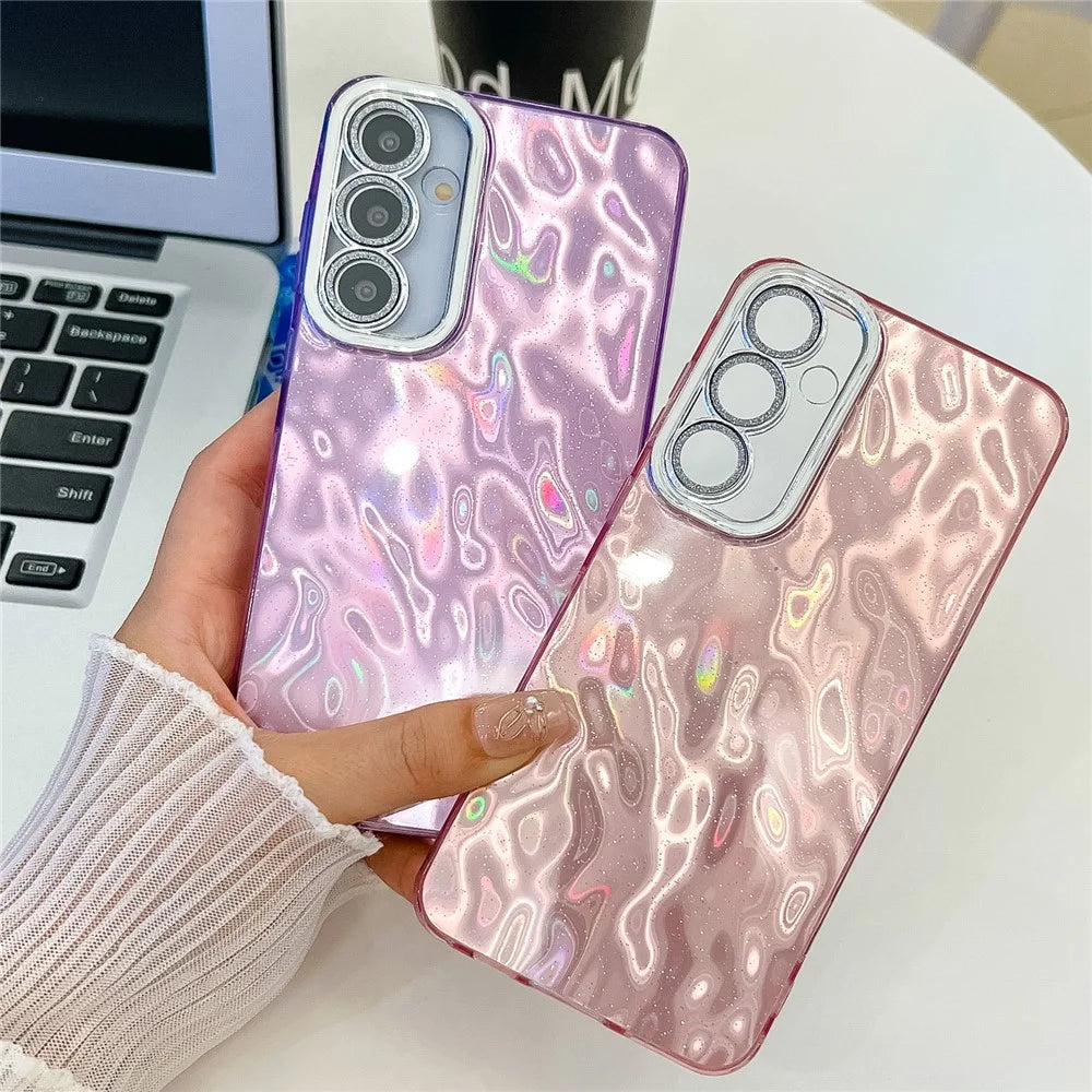 For Samsung Galaxy A16 4G / 5G Case IMD Design Shockproof PC+TPU Phone Cover with Glass Lens Film - Wrinkle Pattern / Pink - 3
