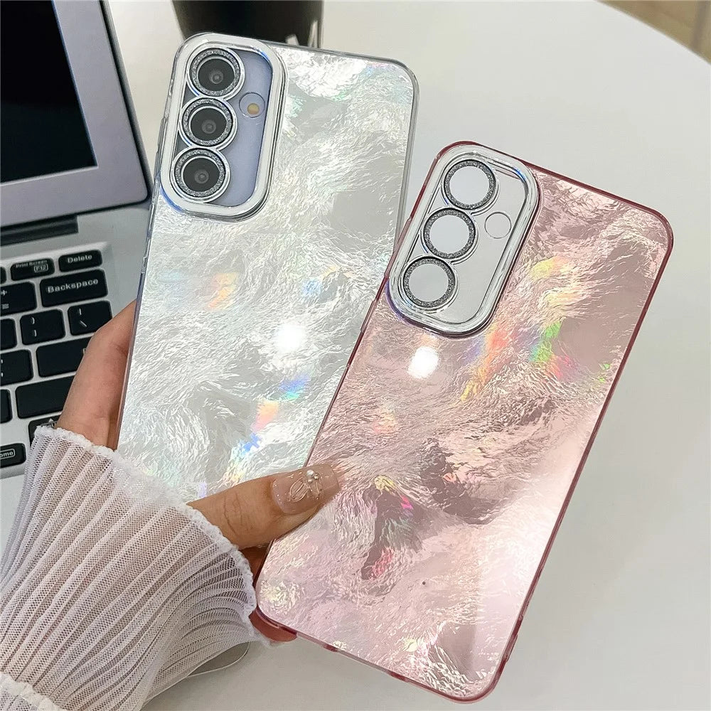 For Samsung Galaxy A16 4G / 5G Case IMD Design Shockproof PC+TPU Phone Cover with Glass Lens Film - Wrinkle Pattern / Pink - 4