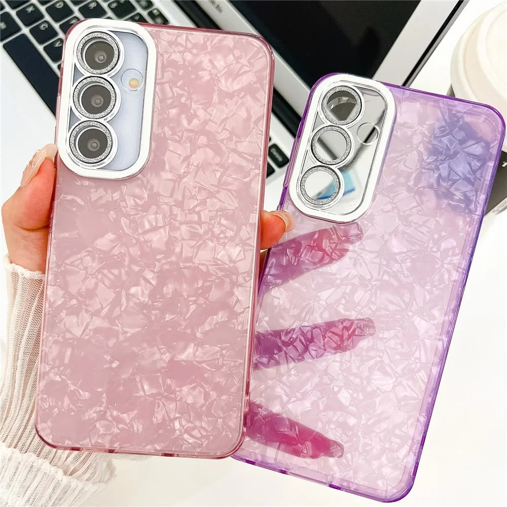 For Samsung Galaxy A16 4G / 5G Case IMD Design Shockproof PC+TPU Phone Cover with Glass Lens Film - Ripple Pattern / Purple - 6