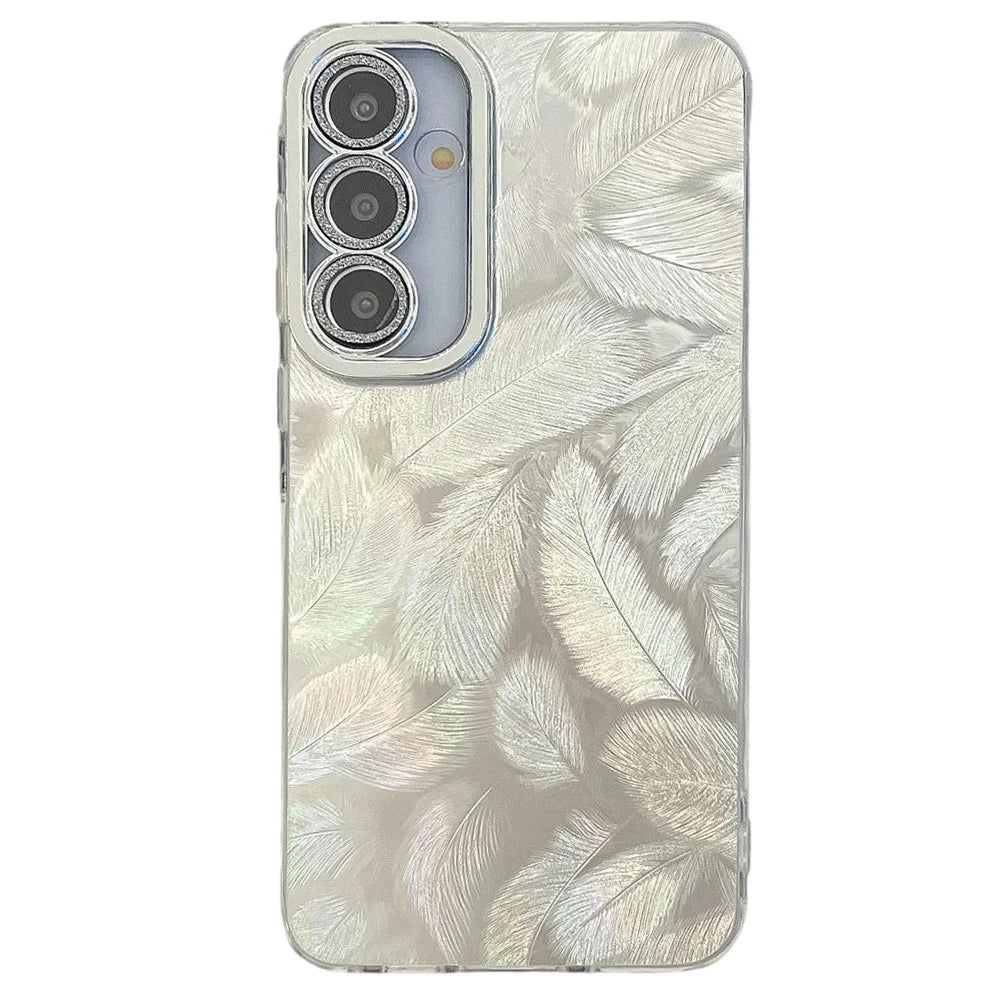 For Samsung Galaxy A16 4G / 5G Case IMD Design Shockproof PC+TPU Phone Cover with Glass Lens Film - Feather Pattern / Silver - 1