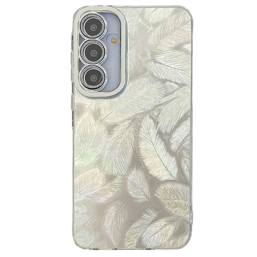 For Samsung Galaxy A16 4G / 5G Case IMD Design Shockproof PC+TPU Phone Cover with Glass Lens Film - Feather Pattern / Silver - 1