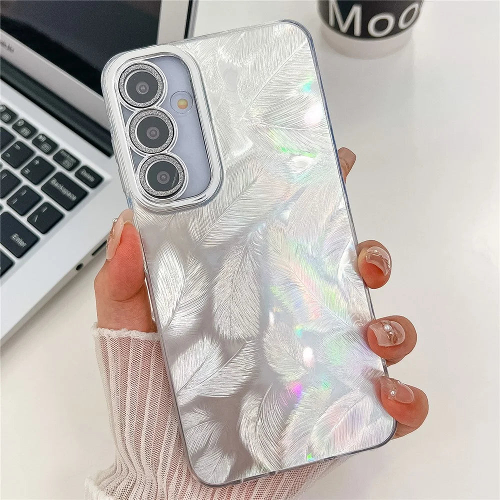 For Samsung Galaxy A16 4G / 5G Case IMD Design Shockproof PC+TPU Phone Cover with Glass Lens Film - Feather Pattern / Silver - 2
