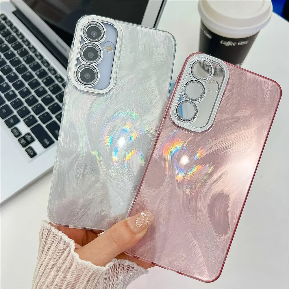 For Samsung Galaxy A16 4G / 5G Case IMD Design Shockproof PC+TPU Phone Cover with Glass Lens Film - Feather Pattern / Silver - 4