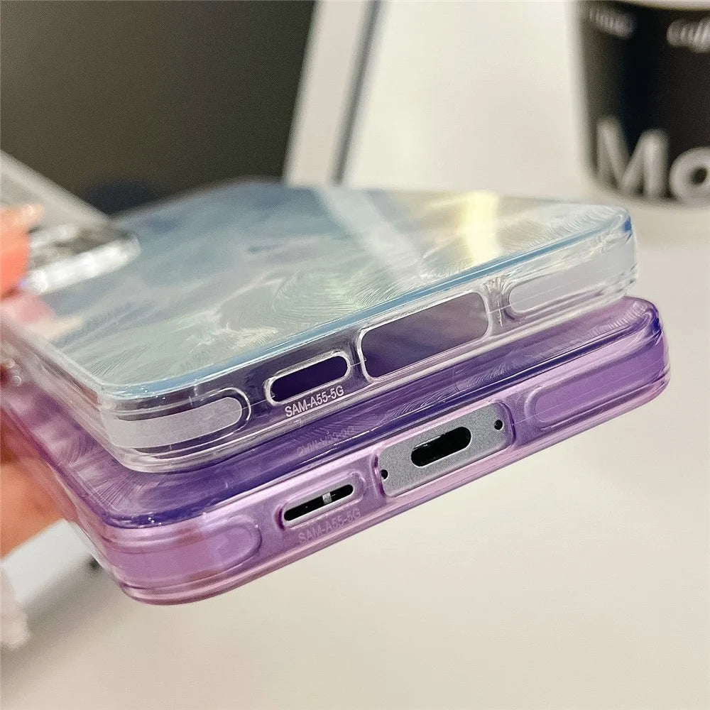 For Samsung Galaxy A16 4G / 5G Case IMD Design Shockproof PC+TPU Phone Cover with Glass Lens Film - Feather Pattern / Silver - 6