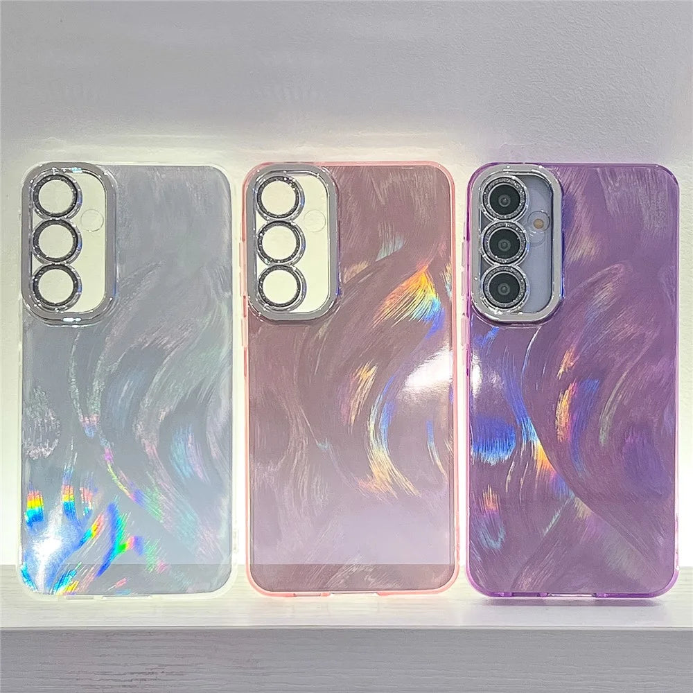 For Samsung Galaxy A16 4G / 5G Case IMD Design Shockproof PC+TPU Phone Cover with Glass Lens Film - Feather Pattern / Silver - 7