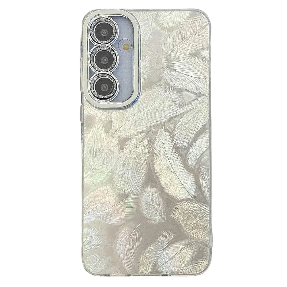 For Samsung Galaxy A36 5G / A56 5G Case IMD Design Shockproof PC+TPU Phone Cover with Glass Lens Film - Feather Pattern / Silver - 1
