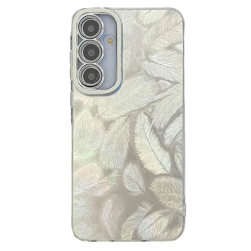 For Samsung Galaxy A36 5G / A56 5G Case IMD Design Shockproof PC+TPU Phone Cover with Glass Lens Film - Feather Pattern / Silver - 1