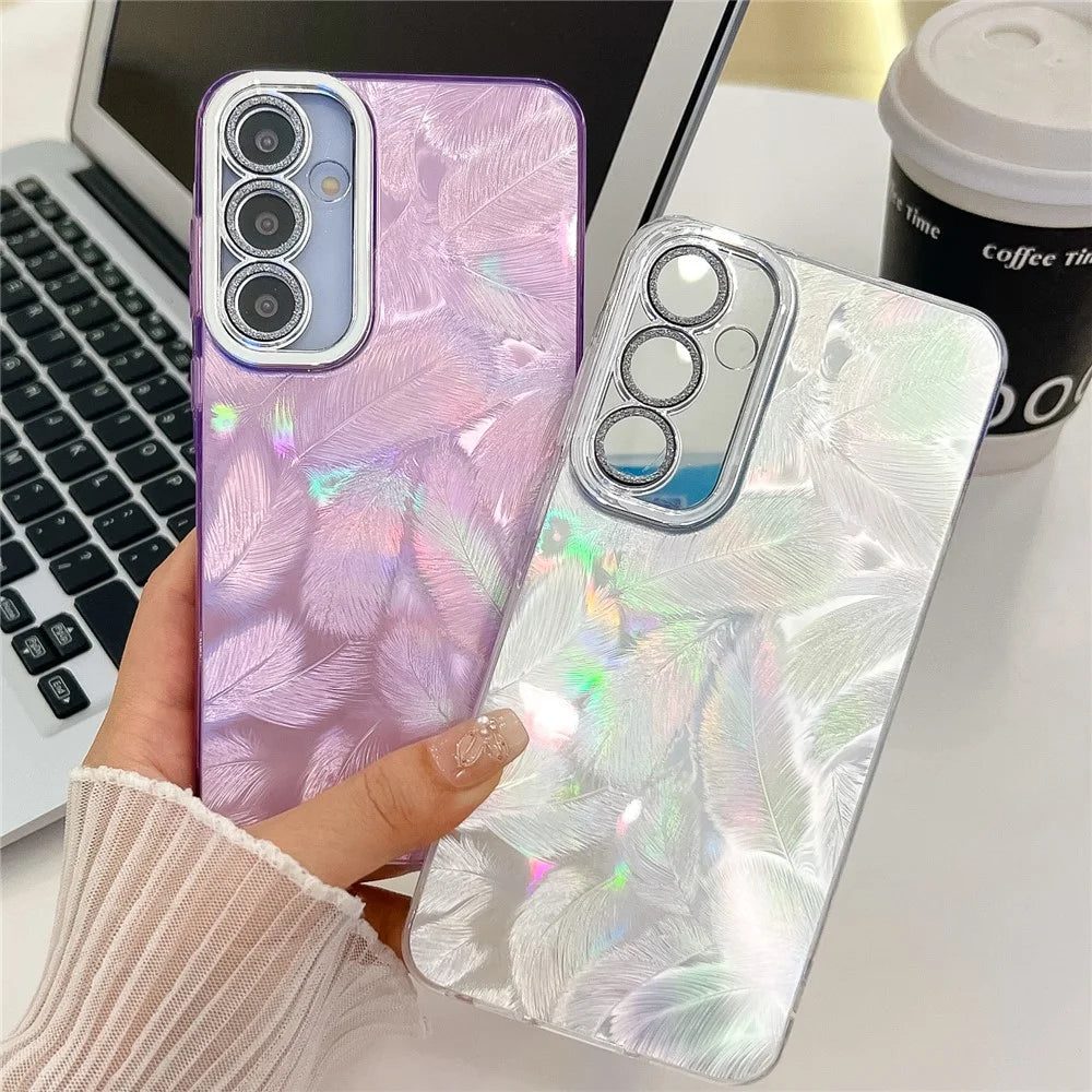 For Samsung Galaxy A36 5G / A56 5G Case IMD Design Shockproof PC+TPU Phone Cover with Glass Lens Film - Feather Pattern / Silver - 3