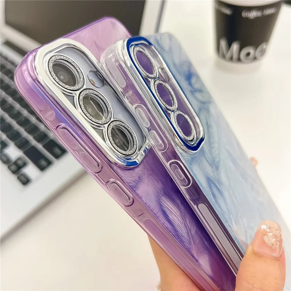 For Samsung Galaxy A36 5G / A56 5G Case IMD Design Shockproof PC+TPU Phone Cover with Glass Lens Film - Feather Pattern / Silver - 5